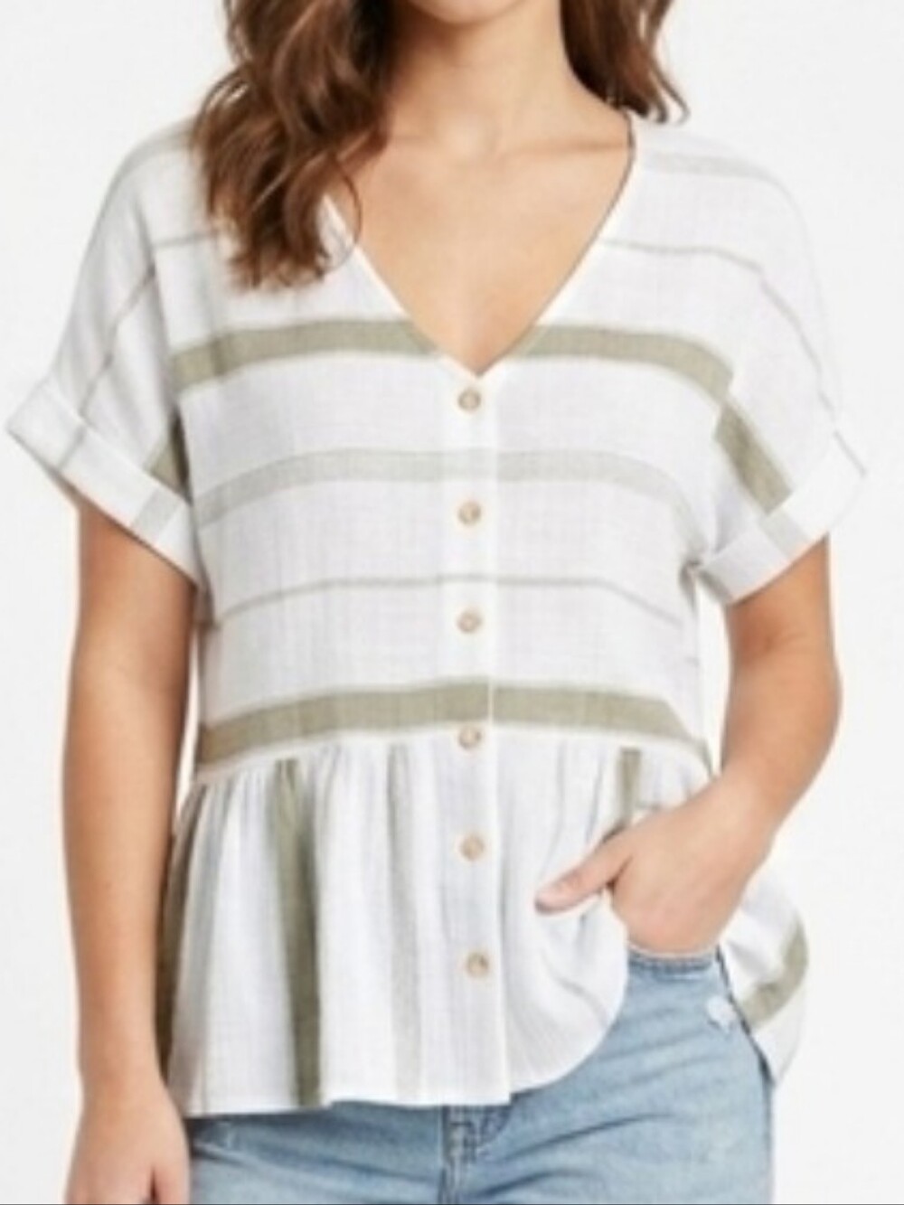 Boho Striped Peplum Blouse VNeck Button Down Top Size S Cottagecore RAYON/ NYLON